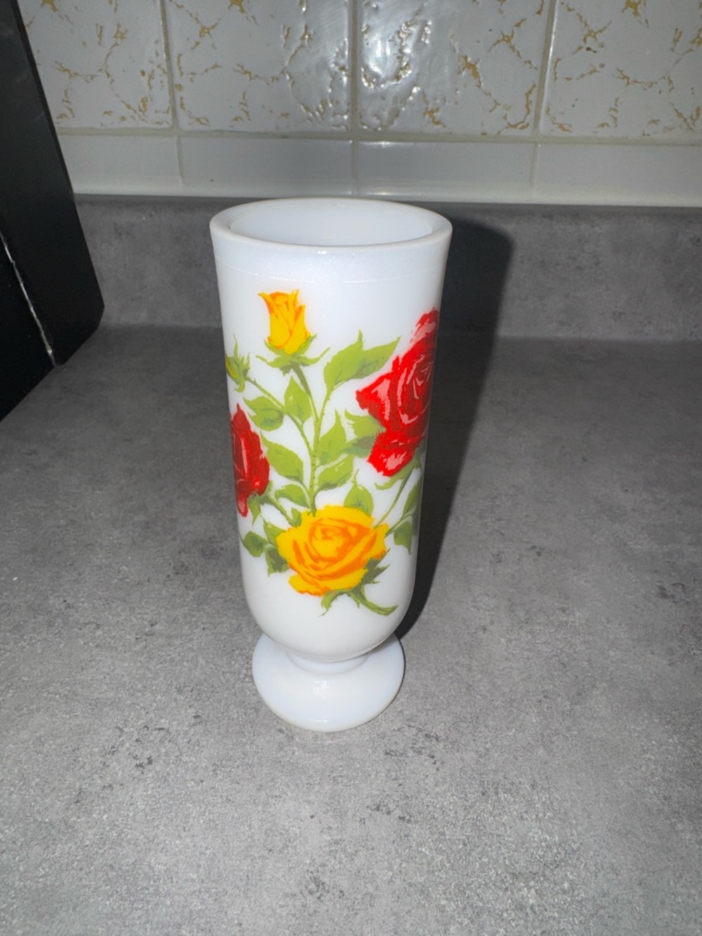 Vintage Avon Milk Glass Pedestal Mug Red Yellow Wild Rose Floral Footed Cup 5"